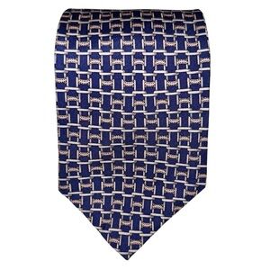 Paul Fredrick Mens Tie Silk Blue Equestrian Geometric Hand Made USA 3.5x60”